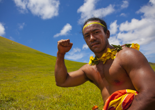 Winner of tau' a rapa nui race competition during tapati festival, Easter Island, Hanga Roa, Chile