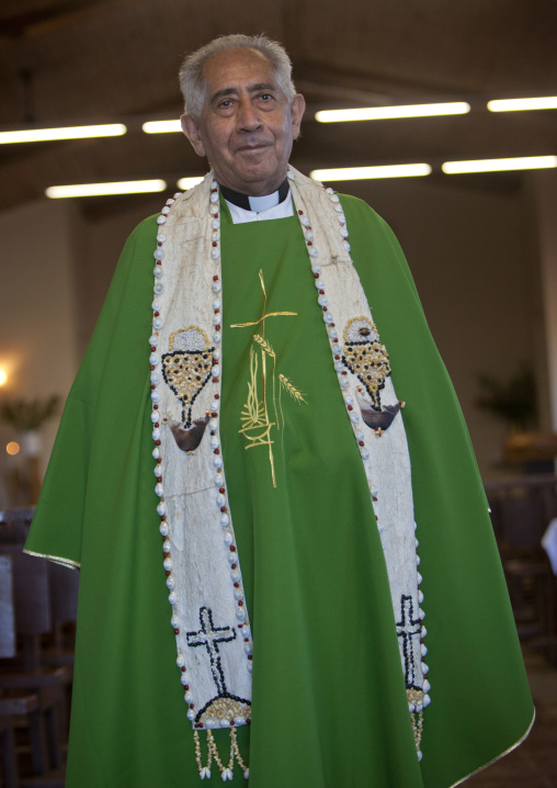 Padre at catholic church in hanga roa, Easter Island, Hanga Roa, Chile