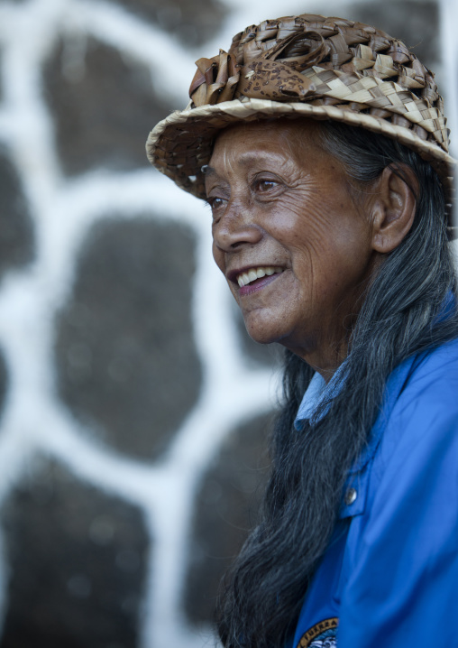 Native woman with hat fromeaster island, Easter Island, Hanga Roa, Chile