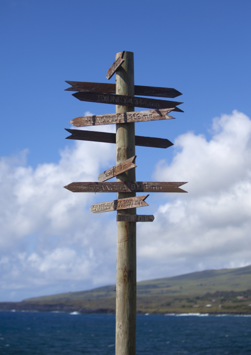 Distances pillar, Easter Island, Hanga Roa, Chile