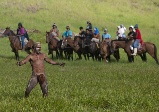 Haka pei banana trunk competition in Tapati festival, Easter Island, Hanga Roa, Chile