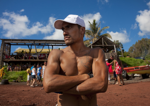 Tattooed man ready for canoe competition, Easter Island, Hanga Roa, Chile