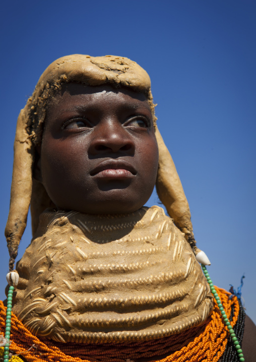 Mumuhuila Girl With The Traditional Giant Mud Necklace, Hale Village, Angola