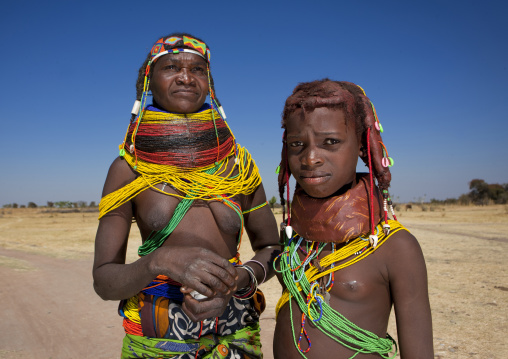 Mumuhuila Woman And Girl Wearing The Traditional Giant Necklace, Area Of Huila, Angola