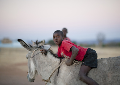 Boy Riding A Donkey In The Village Of Oncocua, Angola