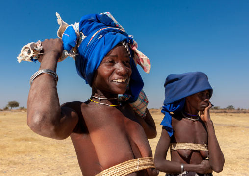 Mucubal tribe women wearing blue headwears, Namibe Province, Virei, Angola