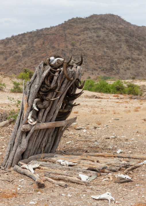 Mucubal tribe totems made with cattle horns, Namibe Province, Virei, Angola