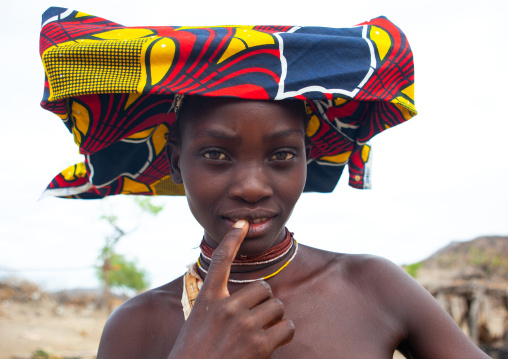 Portrait of a Mucubal tribe women wearing colorful headwears, Namibe Province, Virei, Angola