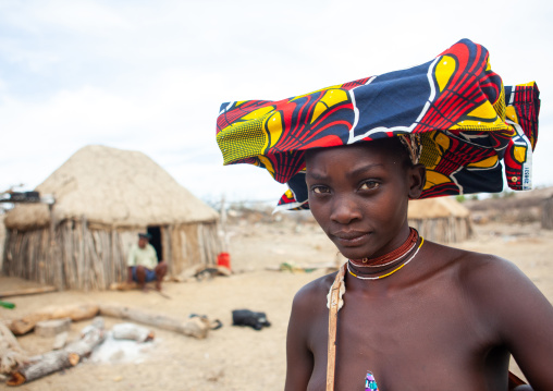 Portrait of a Mucubal tribe women wearing colorful headwears, Namibe Province, Virei, Angola