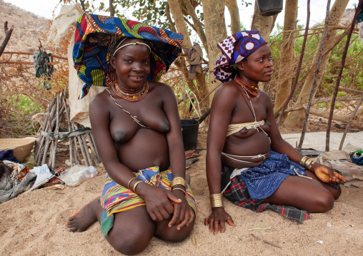 Portrait of a Mucubal tribe women wearing colorful headwears, Namibe Province, Virei, Angola