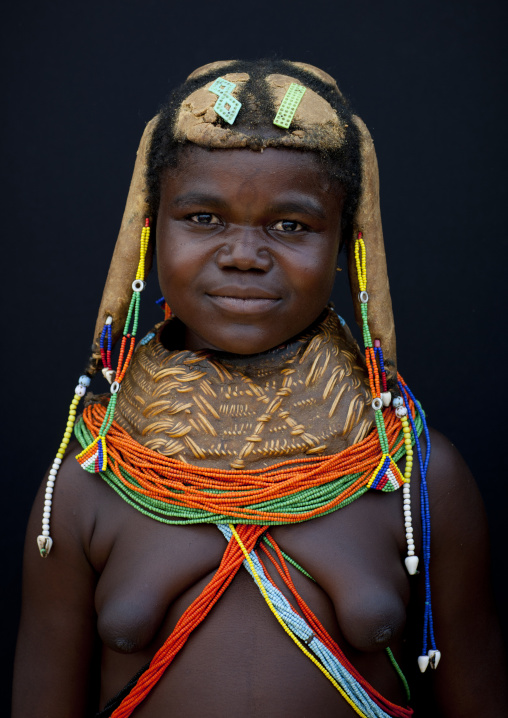 Mwila Girl With The Traditional Vikeka Mud Necklace, Angola