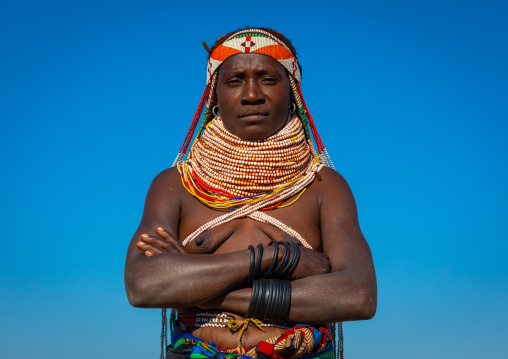 Handa tribe woman with huge beaded necklaces, Huila Province, Hoque, Angola