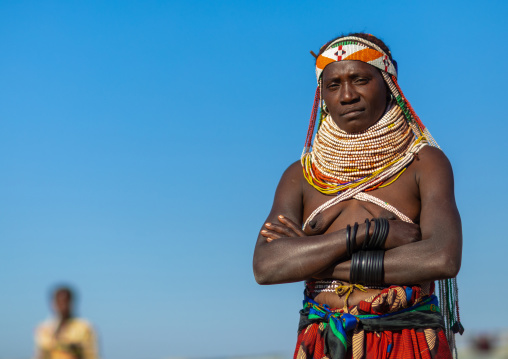 Handa tribe woman with huge beaded necklaces, Huila Province, Hoque, Angola