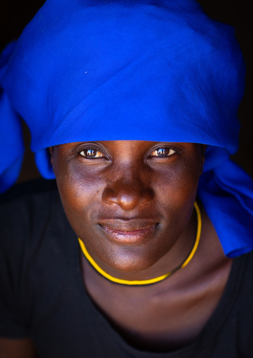 Cuepe tribe woman with a blue headwear, Cunene Province, Curoca, Angola