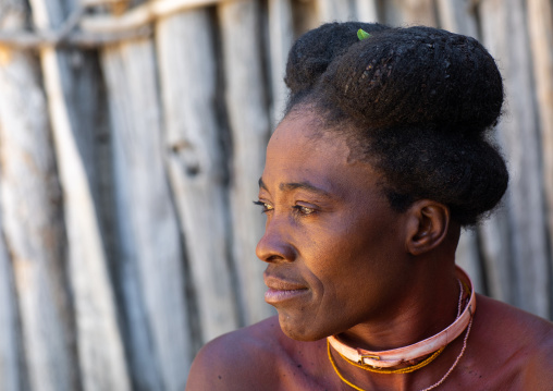 Nguendelengo tribe woman with the traditional bun hairstyle, Namibe Province, Capangombe, Angola