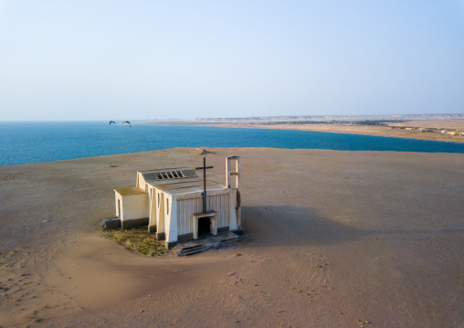 Aerial view of an abandoned church from the portuguese colonial times, Namibe Province, Tomboa, Angola