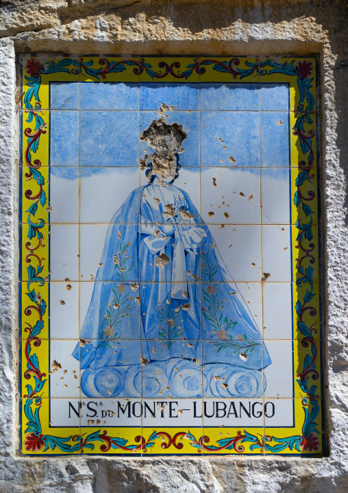 Damaged painted tiles azulejos in the lady of the hill chapel, Huila Province, Lubango, Angola