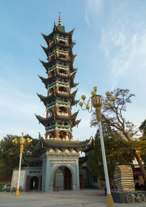 Chinese-style minaret of the Salar people grand mosque, Qinghai province, Xunhua, China