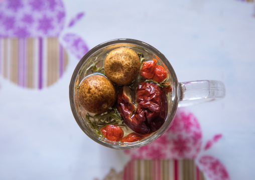 Tea with dry fruits made by Salar ethnic minority people, Qinghai province, Xunhua, China