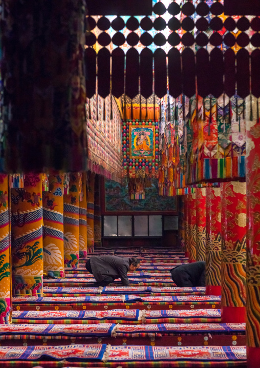 Monks praying and meditating inside Longwu monastery, Tongren County, Longwu, China