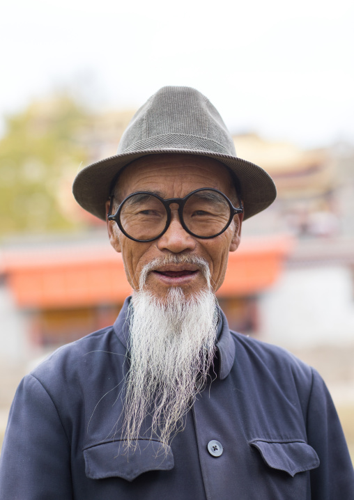 Portrait of an old chinese man with a long white beard in Hezuo monastery, Gansu province, Hezuo, China