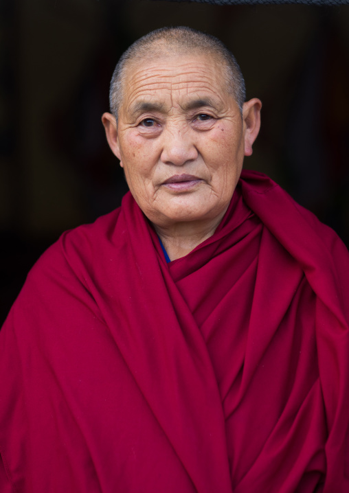 Portrait of a tibetan buddhist nun in Labrang nunnery, Gansu province, Labrang, China