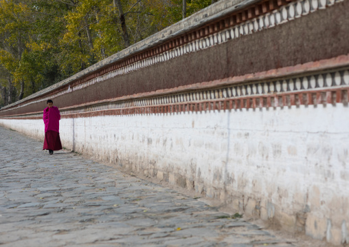 Lonely tibetan monk walking in the street of Labrang monastery, Gansu province, Labrang, China