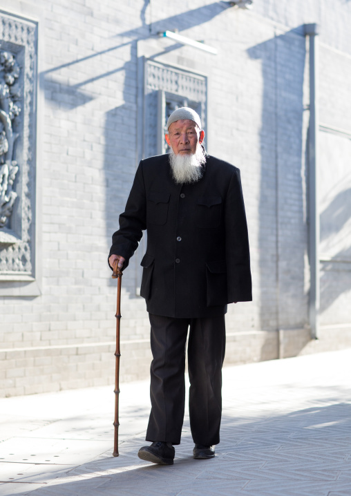 Hui muslim man walking with cane in the street, Gansu province, Linxia, China