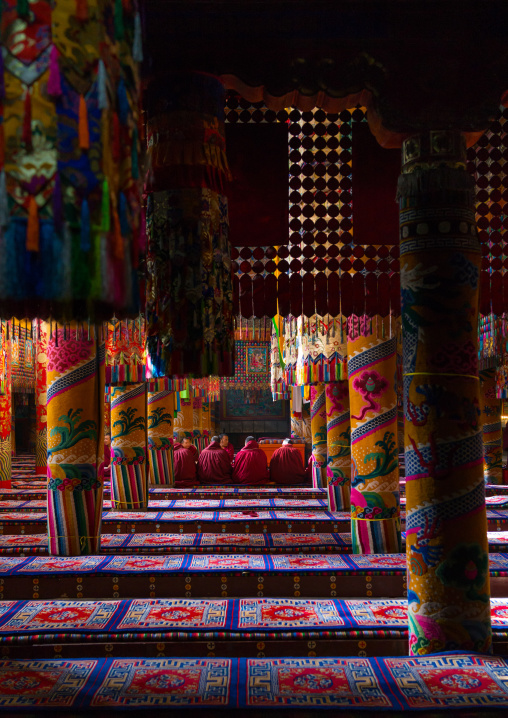 Monks praying and meditating inside Rongwo monastery, Tongren County, Longwu, China