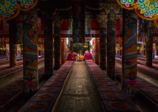 Monks praying and meditating inside Rongwo monastery, Tongren County, Longwu, China