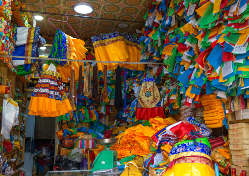 Prayer flags for sale in a shop near Rongwo monastery, Tongren County, Longwu, China