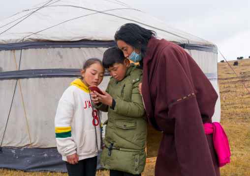 Portrait of a tibetan nomad family living in a yurt in the grasslands and looking at a mobile phone, Qinghai province, Sogzong, China