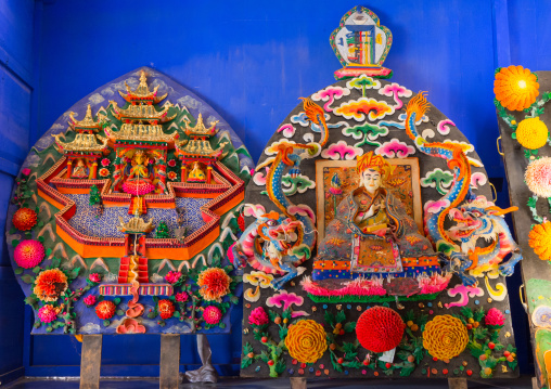 Tibetan buddhist sculptures made by monks from coloured butter in Labrang monastery, Gansu province, Labrang, China