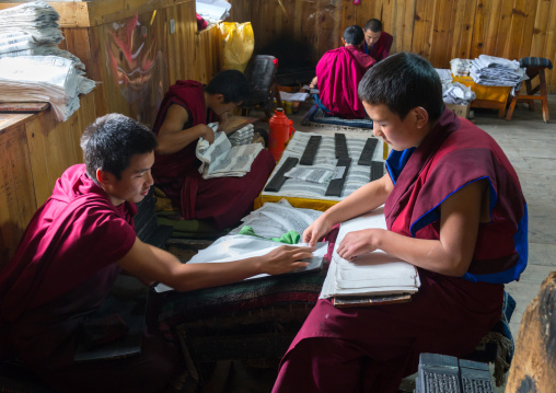 Tibetan scriptures printed from wooden blocks in the monastery traditional printing temple, Gansu province, Labrang, China