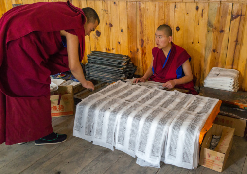 Tibetan scriptures printed from wooden blocks in the monastery traditional printing temple, Gansu province, Labrang, China