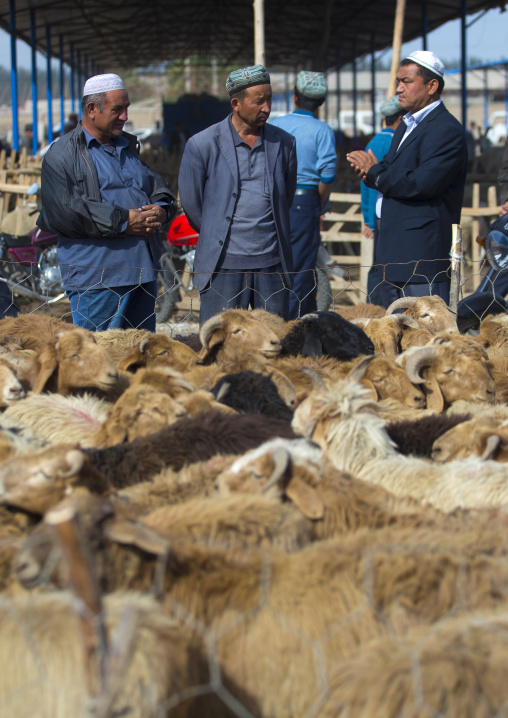 Uyghur Men Discussing Around Cattle, Serik Buya Market, Yarkand, Xinjiang Uyghur Autonomous Region, China