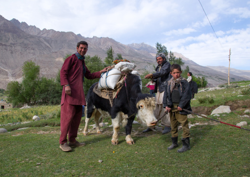 Wakhi men packing yaks for a treck, Badakhshan province, Wuzed, Afghanistan