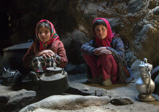 Wakhi girls inside their house in the pamir mountains, Big pamir, Wakhan, Afghanistan