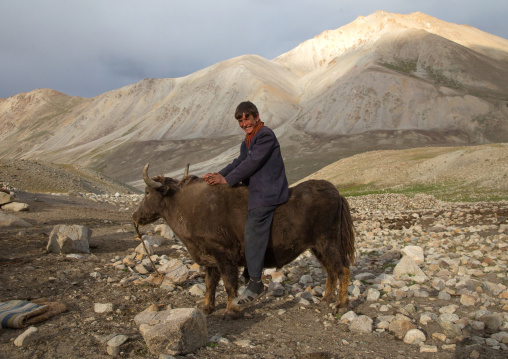 Wakhi teenage boy riding a yak, Big pamir, Wakhan, Afghanistan