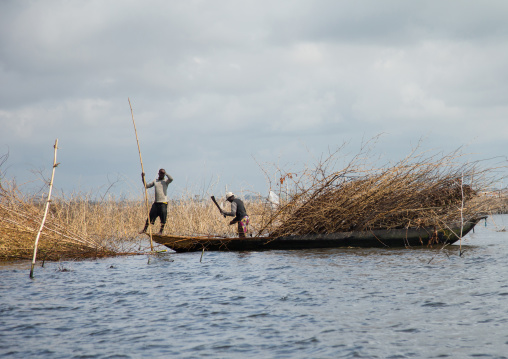 Benin, West Africa, Ganvié, farmers poling boat on nokoue lake near ganvie stilt village