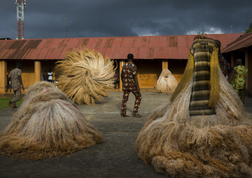 Benin, West Africa, Porto-Novo, zangbeto guardian of the night spirit dance in the royal palace