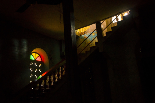 Benin, West Africa, Porto-Novo, stairs and stain glass window inside the great mosque