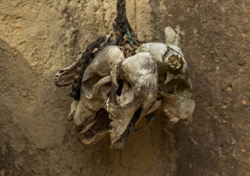 Benin, West Africa, Boukoumbé, fetish items protecting a traditional tata somba house