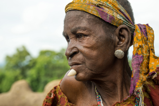 Togo, West Africa, Nadoba, tamberma somba tribe woman with a stone in the chin as decoration