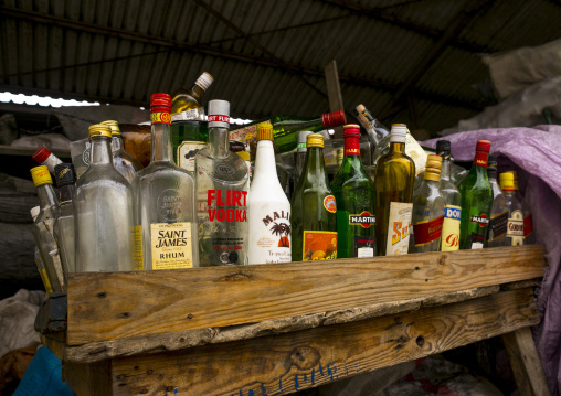 Benin, West Africa, Cotonou, bottles gathered for recycling in dantokpa market