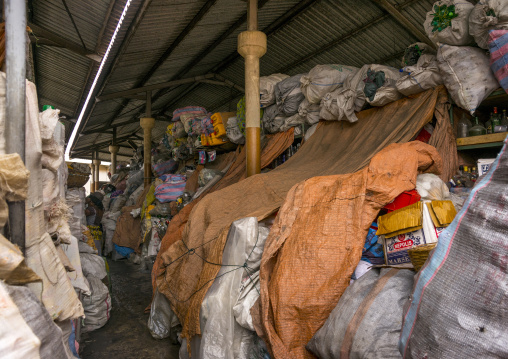 Benin, West Africa, Cotonou, bottles gathered for recycling in dantokpa market