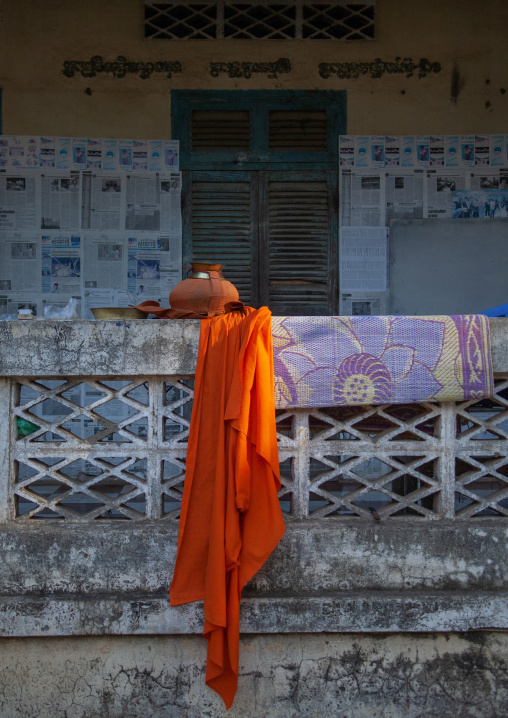 Robes hanging outside buddhist monastery, Battambang province, Battambang, Cambodia