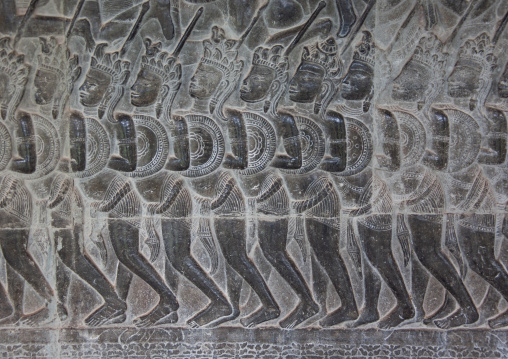 Warlike bas-relief on the walls, Siem Reap Province, Angkor, Cambodia