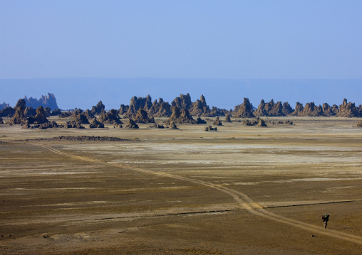 Man Walking In The Rock Formations, Lake Abbe, Djibouti