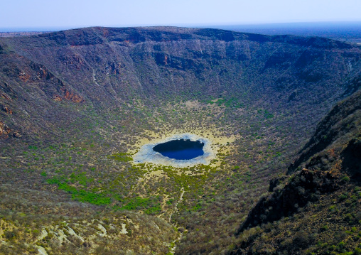 Aerial view of the volcano crater where Borana tribe men dive to collect salt, Oromia, El Sod, Ethiopia